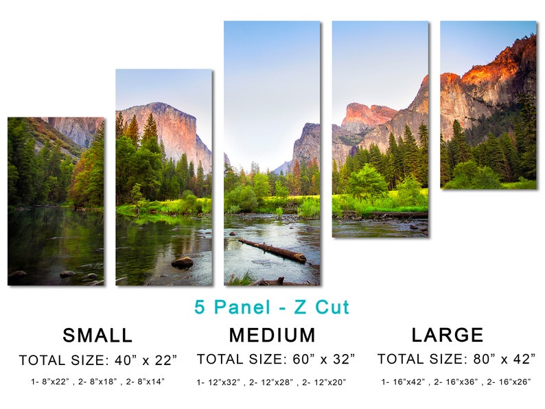 Gates to Valley Canvas Print Large Wall Art Landscape Yosemite National Park Mountains Triptych Giclee Home Office Wall Decor 5 Panel Z Cut