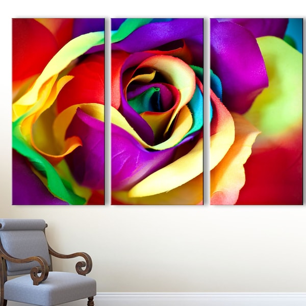 Colorful Rose - 3 Panel Split (Triptych) Canvas Print - Artificial flower Closeup multi print for wall decor & interior design - 1.5" frames