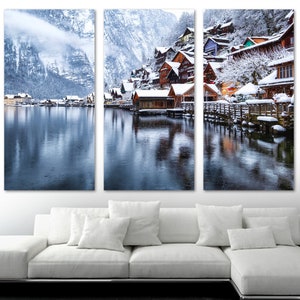 Hallstatt Austria Canvas Print Wall Art in winter. Mountain lake scenic landscape, Alpine old town Hellstatt - Giclee home office wall decor