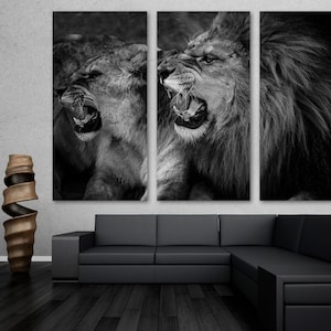 Roaring lion and lioness Wall Art Canvas Print, Black and white Lion Animal Art Print - Giclee home art decor, wall decor, interior design