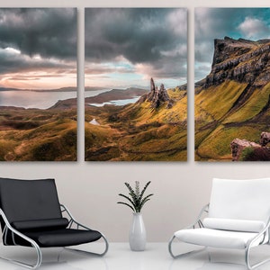 Old Man of Storr Canvas Print Landscape Wall Art at Scotland&#39;s Isle of Skye with Golden hour clouds - Giclee wall decor art, home decor art