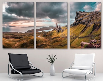 May include: A panoramic view of a dramatic landscape with a rocky mountain peak, green hills, and a cloudy sky. The image is split into three panels, creating a triptych effect.