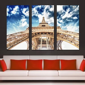 Eiffel Tower blue Skies Wall Art Canvas Print in Paris France.  Landmark print set  Giclee print for home office decor, room wall decor