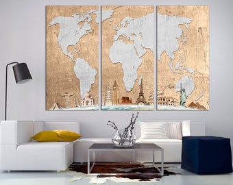 Raffia Beige Travel World Map Canvas Print Wall art - 3 Panel Split (Triptych) print for home or office room wall decor & interior design.