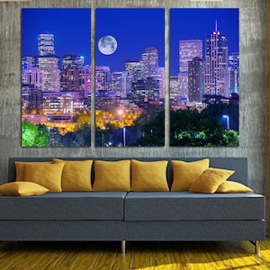 Denver Colorado City Skyline Wall Art Canvas Prints Large Moon over Cityscape at Night - Giclee Home Office wall decor, interior design.
