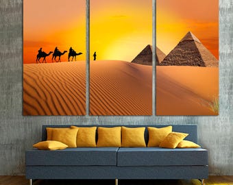 Desert Caravan to Egyptian Pyramids -3 Panel Split, Triptych Canvas Print. Giclee Wall Art for home/office wall decoration & interior design