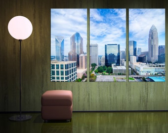 Charlotte, NC Skyline Canvas Print - 3 Panel Split, Triptych. North Carolina, USA blue skies for home, office wall decor & interior design.