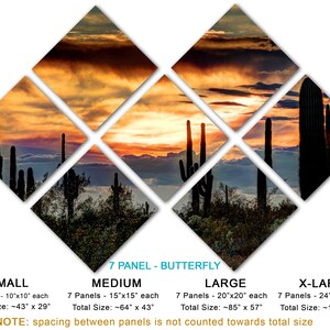 May include: A seven-panel wall art piece featuring a desert sunset scene with silhouetted saguaro cacti. The artwork is arranged in a butterfly pattern. Available in multiple sizes, with the smallest panels measuring 10"x10" each and the largest 24"x24".