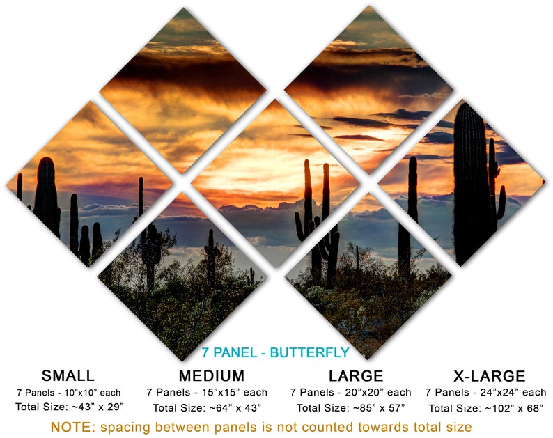May include: A seven-panel wall art piece featuring a desert sunset scene with silhouetted saguaro cacti. The artwork is arranged in a butterfly pattern. Available in multiple sizes, with the smallest panels measuring 10"x10" each and the largest 24"x24".
