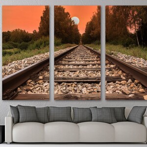 Train Tracks to Sunset Canvas Print Wall Art -Scenic landscape, Railroad Tracks Print - Giclee home art decor, wall decor, interior design