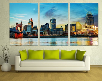 Cincinnati City Skyline Canvas Prints Large Wall Art. Ohio Panoramic Cityscape w blue skies. Giclee home office wall decor, interior design