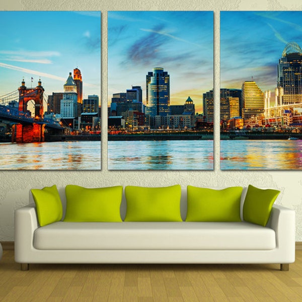 Cincinnati City Skyline Canvas Prints Large Wall Art. Ohio Panoramic Cityscape w blue skies. Giclee home office wall decor, interior design