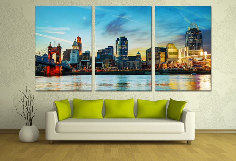 Cincinnati City Skyline Canvas Prints Large Wall Art. Ohio Panoramic Cityscape w blue skies. Giclee home office wall decor, interior design image 1