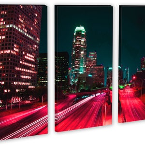 Downtown LA, Los Angeles City skyline Canvas Print. 3 Panel Split, Triptych. Pink-red freeway for home or office wall decor, interior design 3 Panel