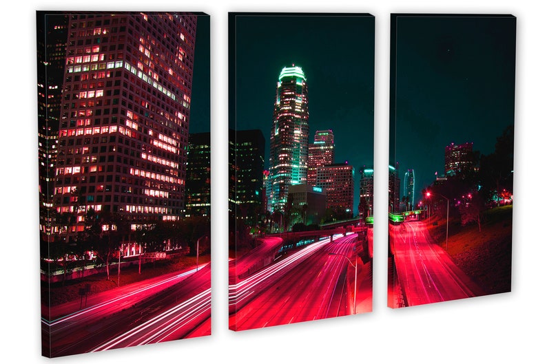 Downtown LA, Los Angeles City skyline Canvas Print. 3 Panel Split, Triptych. Pink-red freeway for home or office wall decor, interior design 3 Panel