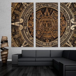 Aztec Calendar Canvas Print Wall Art. Aztec Wall Art Decor in bronze and copper colors tones - Giclee Home Decor, Office Decor, Wall Decor