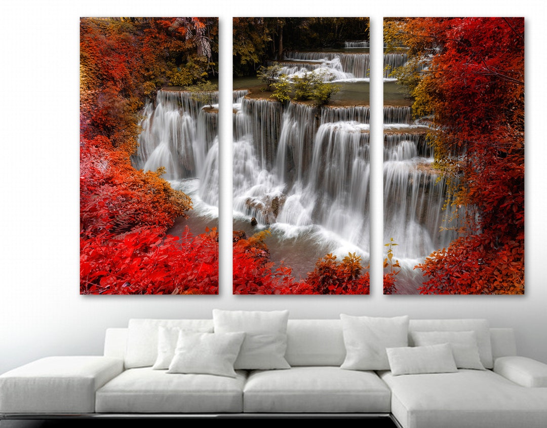 Forest Waterfall Canvas Print Wall Art Red Trees. Scenic Nature ...