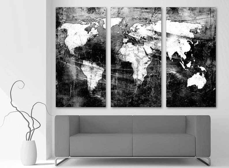 Black & White World Map Canvas Print Wall Art 3 Panel Split Etsy