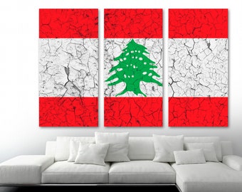 Lebanon Country Flag cracked effect Canvas Print Wall Art - 3 Panel Split, Triptych. Flag home decor room decor, wall decor, interior design
