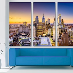 Philadelphia Pennsylvania Skyline Canvas Print. Downtown Philly Wall Art during evening. Giclee Print for wall decor, interior design.