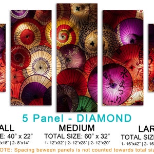 May include: A five-panel diamond-shaped canvas print featuring a close-up of colorful Japanese umbrellas with the text "水まつり" in black. The print is available in three sizes: small (40 inches by 22 inches), medium (60 inches by 32 inches), and large (80 inches by 42 inches).