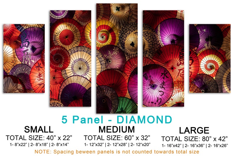 May include: A five-panel diamond-shaped canvas print featuring a close-up of colorful Japanese umbrellas with the text "水まつり" in black. The print is available in three sizes: small (40 inches by 22 inches), medium (60 inches by 32 inches), and large (80 inches by 42 inches).