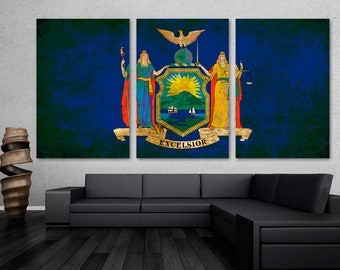 New York State Flag Rustic Grunge Canvas Print Wall Art - 3 panel split, Triptych - USA state flag home decor, wall decor, interior design