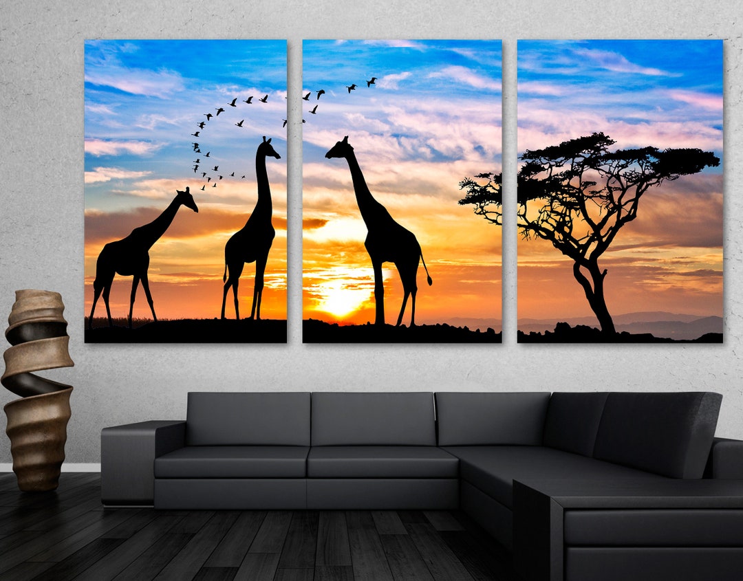 African Safari Giraffe Silhouette Wall Art Canvas Print. Sunset Animal ...