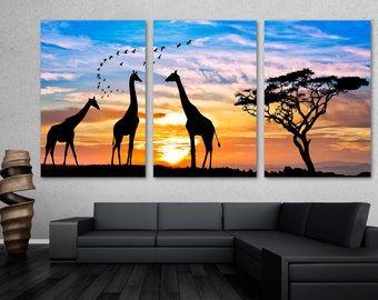 African Safari Giraffe silhouette Wall Art Canvas Print. Sunset animal art, wildlife -Giclee art for home decor, wall decor, interior design