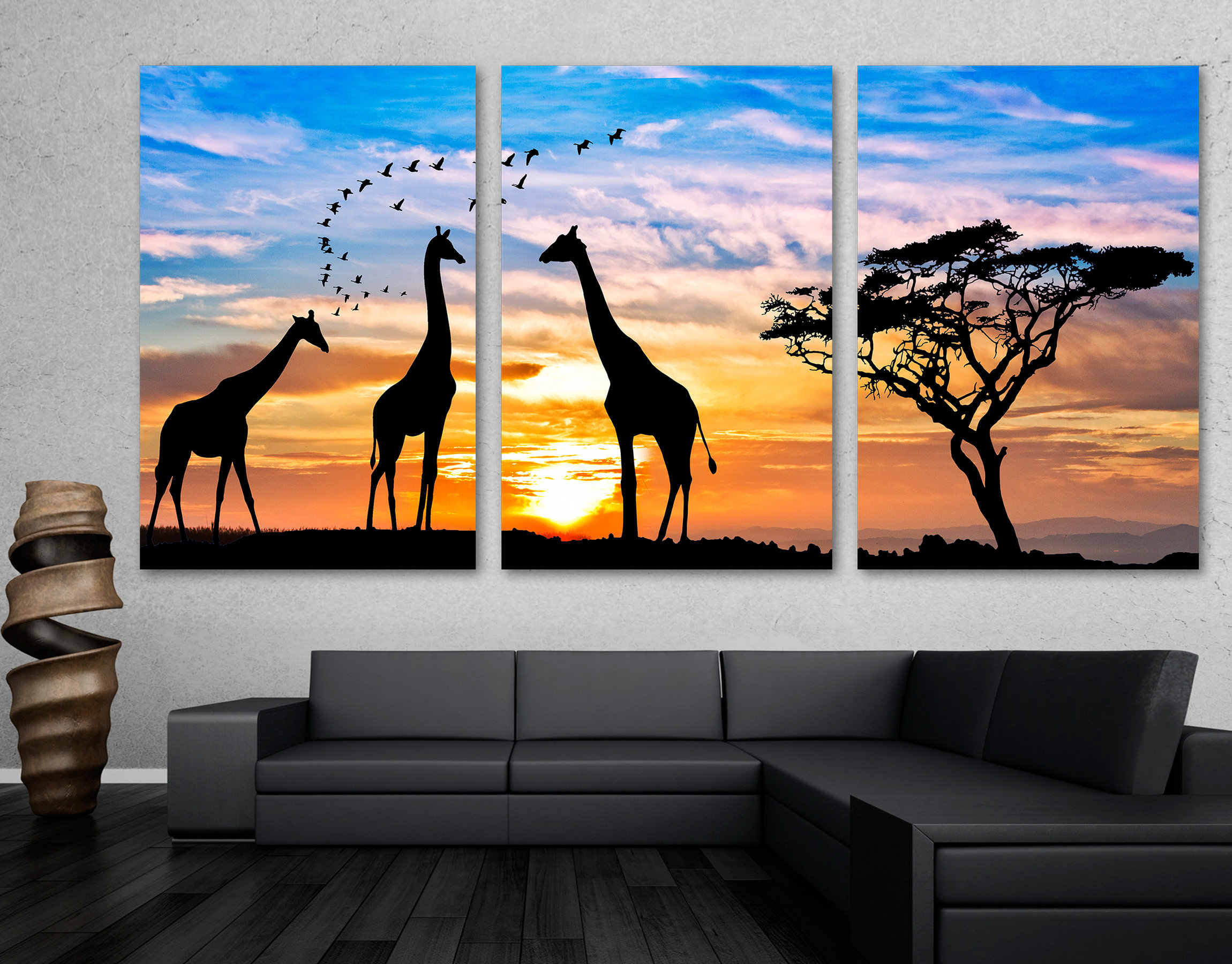 Artley Prints Tableau Toile Famille De 4 Girafes - Art Mural Abstrait 51x35 Cm - Décoration Salon, Prêt à Accrocher