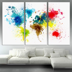 Colorful Abstract art World Map Canvas Print Color splashes World Map. Giclee Print for wall decor & home or office interior design.