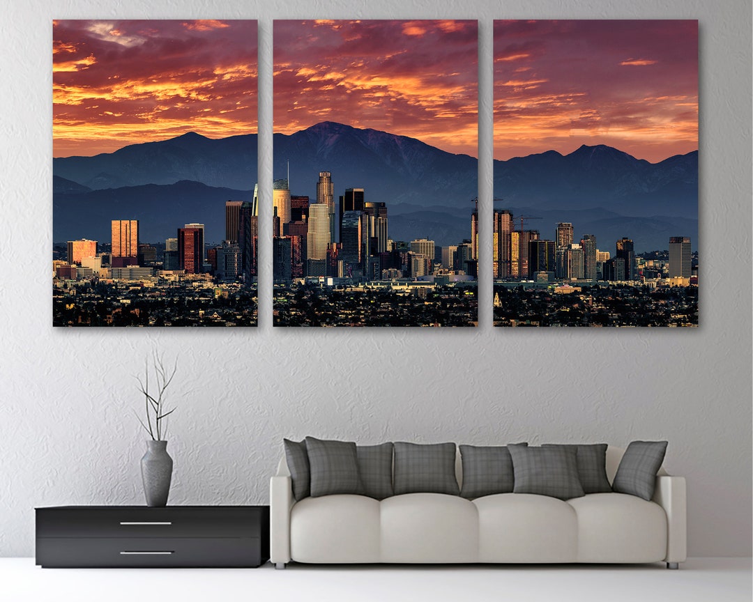 Los Angeles Skyline Canvas Print Wall Art at Sunset, Downtown LA
