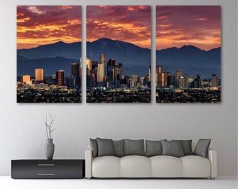 Los Angeles Skyline Canvas Print Wall Art at Sunset, Downtown LA