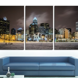 Charlotte NC Skyline Canvas Print Wall Decor City Art Print. Panoramic view during a winter night Giclee Home Office Decor, wall decor image 1