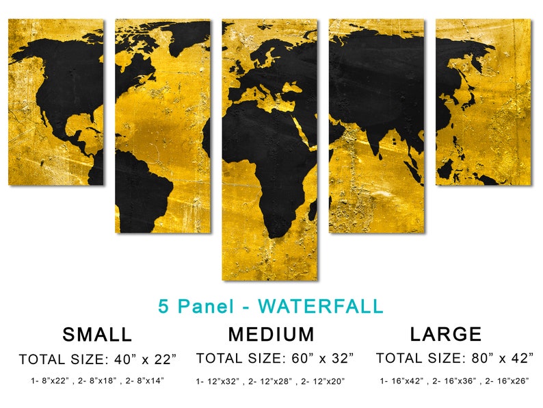 Gold and Black World Map Canvas Wall Art With Distressed Grunge Texture ...