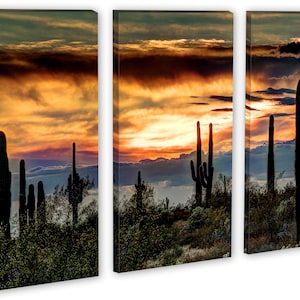 May include: A triptych canvas print featuring a desert sunset scene. Silhouetted saguaro cacti stand against a vibrant sky of orange, yellow, and blue hues. The artwork captures the serene beauty of the desert landscape.