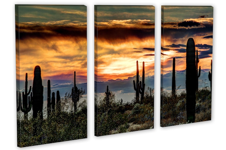 May include: A triptych canvas print featuring a desert sunset scene. Silhouetted saguaro cacti stand against a vibrant sky of orange, yellow, and blue hues. The artwork captures the serene beauty of the desert landscape.
