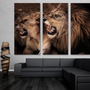 Roaring lion and lioness Wall Art Canvas Print, Lion Art, Lioness Art, Animal Art Print - Giclee home art decor, wall decor, interior design