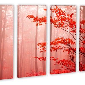 Op de afbeelding: Een vierluik canvas print met een mistige bos sc&egrave;ne met rode bladeren. De bladeren zijn op de voorgrond, met de bomen op de achtergrond. Het algemene kleurenschema is rood en roze.