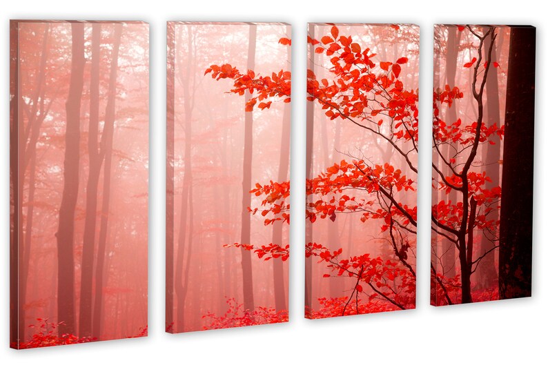 Op de afbeelding: Een vierluik canvas print met een mistige bos sc&egrave;ne met rode bladeren. De bladeren zijn op de voorgrond, met de bomen op de achtergrond. Het algemene kleurenschema is rood en roze.