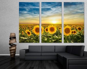Sunflower fields at sunset Canvas Print Wall Art. Floral & Botanical Landscape print decor - Giclee print wall art, Office Decor, Home Decor