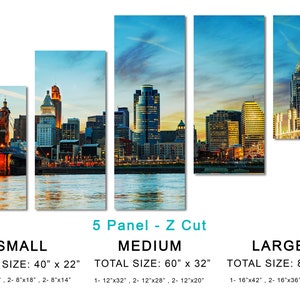 Cincinnati City Skyline Canvas Prints Large Wall Art. Ohio Panoramic Cityscape w blue skies. Giclee home office wall decor, interior design 5 Panel Z Cut