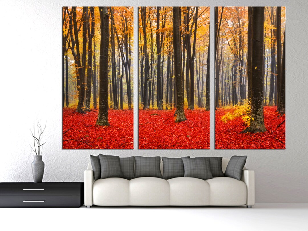 Autumn Forest Landscape Canvas Print With Red Leaf Ground and Yellow ...