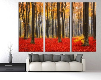 Autumn Forest Wall Art Canvas Print. Fall Decor Red & Yellow leaves, nature photography trees print -Giclee nursery wall decor for kids room