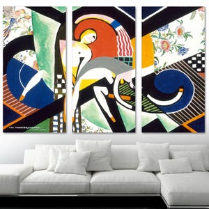 May include: Triptych wall art featuring abstract figures and geometric shapes in a vibrant color palette. The artwork includes a mix of blues, greens, oranges, and black, with floral and patterned backgrounds. The text "THE THUNDERSHOWER" is visible at the bottom left.