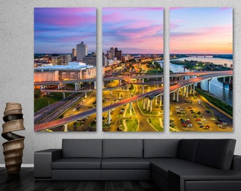 Memphis Skyline Canvas Wall Art at Dusk, Pink skies over Mississippi River