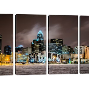 Charlotte NC Skyline Canvas Print Wall Decor City Art Print. Panoramic view during a winter night Giclee Home Office Decor, wall decor 4 Panel