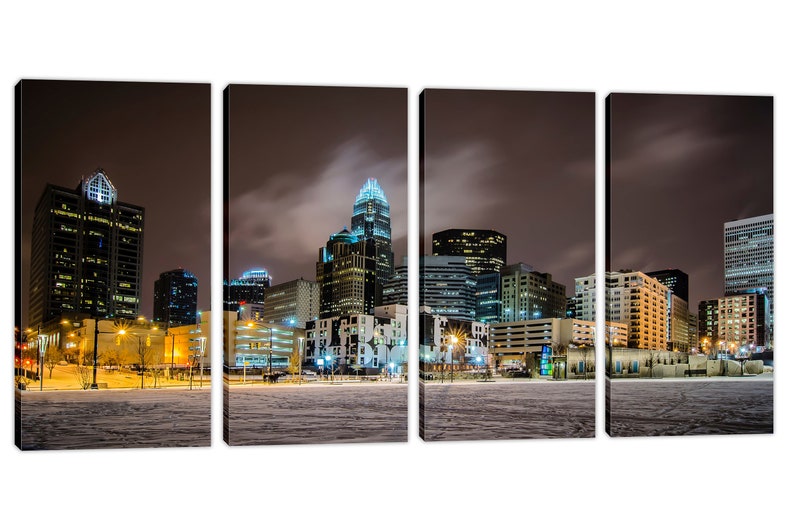 Charlotte NC Skyline Canvas Print Wall Decor City Art Print. Panoramic view during a winter night Giclee Home Office Decor, wall decor 4 Panel
