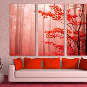Red Tree in Foggy Forest mist Canvas Print Nature Wall Art photography Giclee Print for home or office room wall decor & interior design.