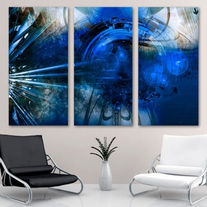May include: Three abstract art panels with a blue, white, and black color scheme. The panels feature geometric shapes and lines, creating a modern and dynamic design.